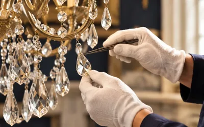 Close-up of a specialist cleaning a chandelier